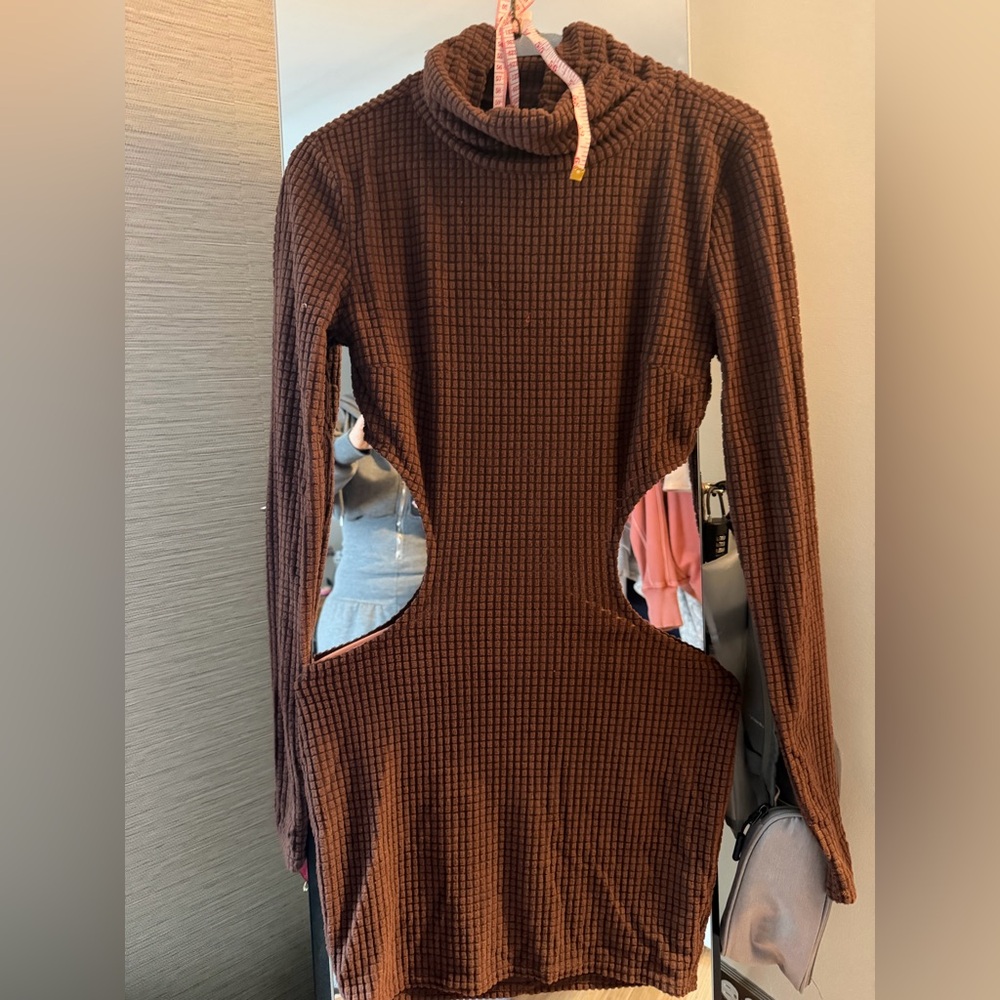 Brown Cutout Turtleneck Dress